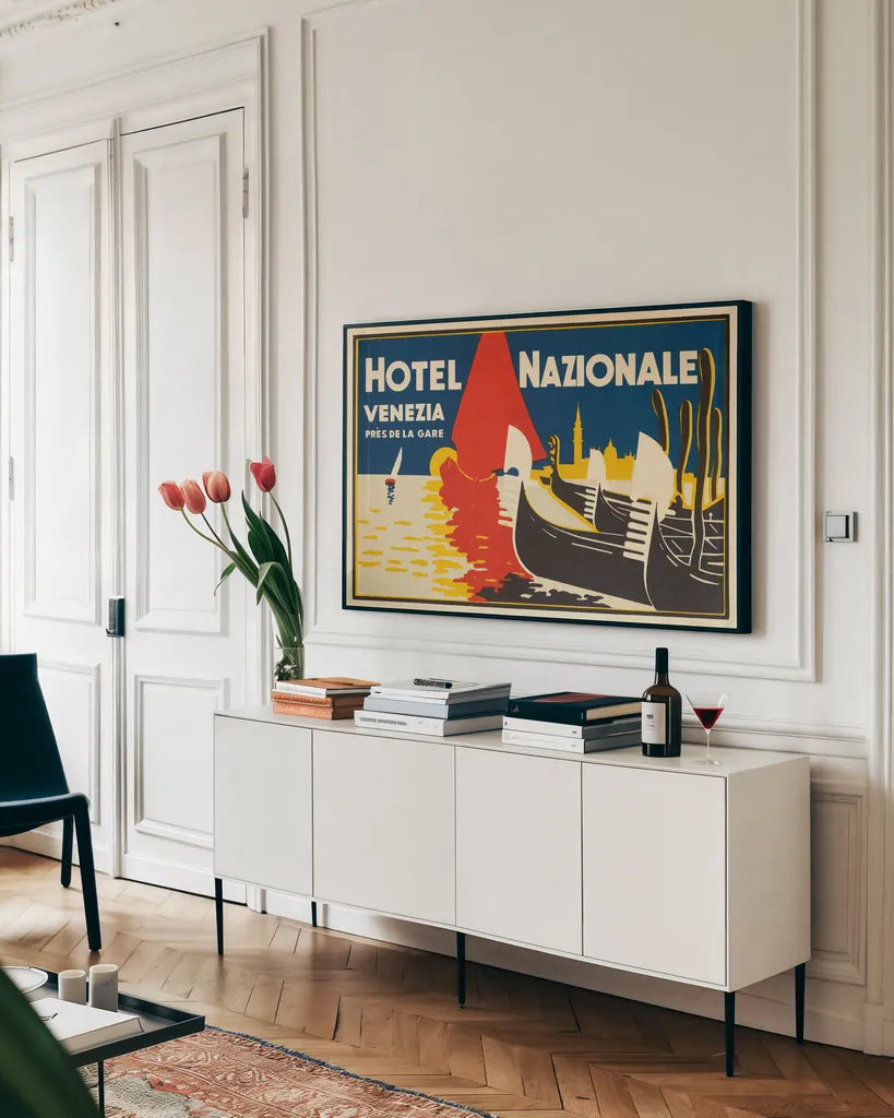 Venezia by Wild Apple Portfolio. shown as a framed stretched canvas in a living room above a console. Available as a archival giclee rolled canvas, fine art paper, or poster print. SKU 95127i.