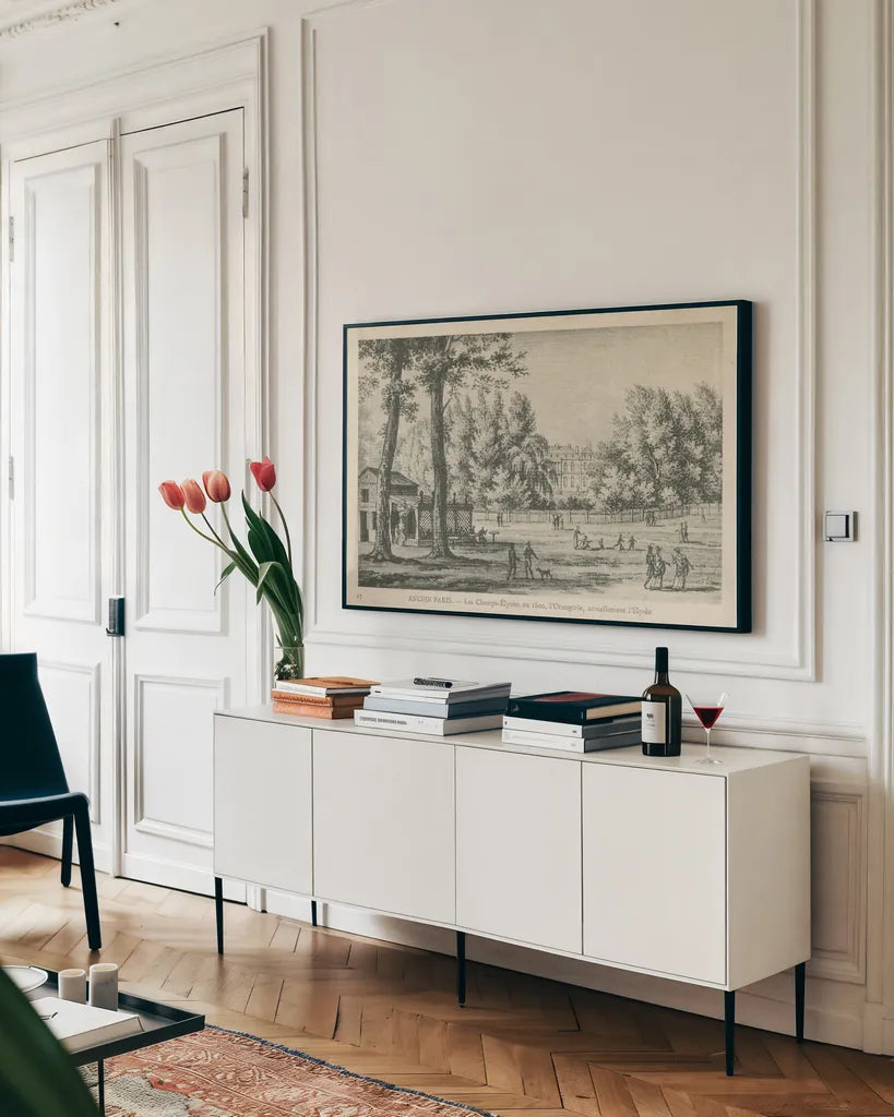 Vintage Paris Postcard I by Wild Apple Portfolio. shown as a framed stretched canvas in a living room above a console. Available as a archival giclee rolled canvas, fine art paper, or poster print. SKU 78852i.