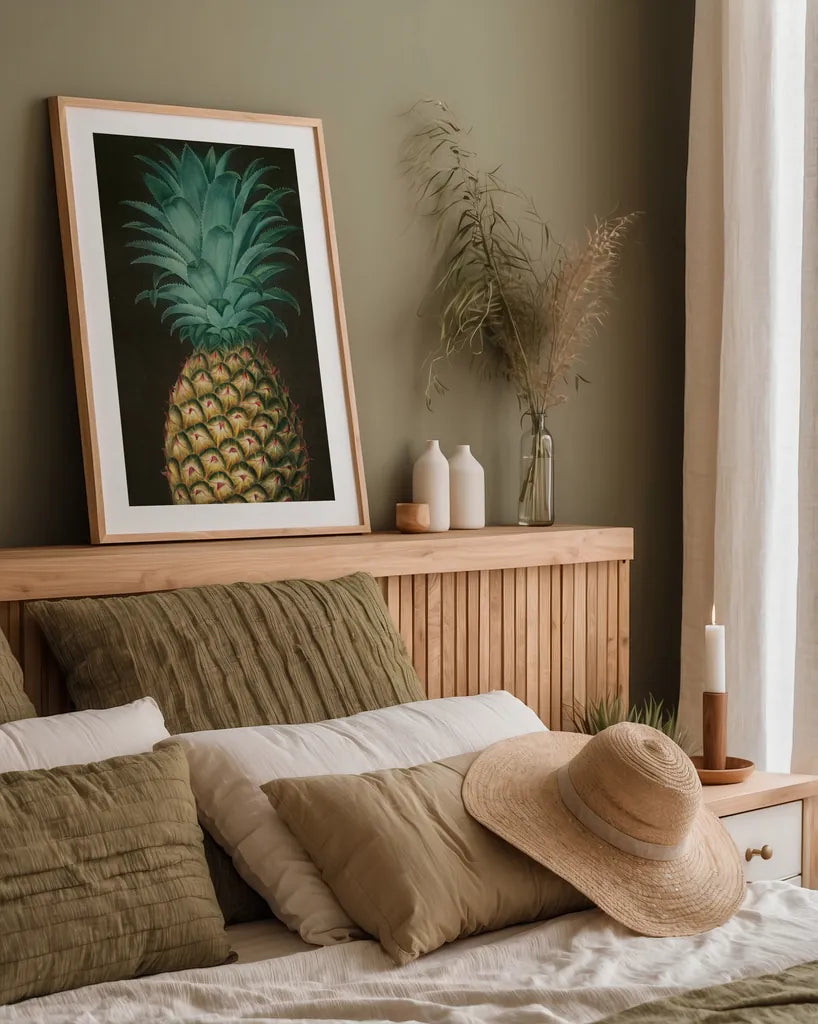 Vintage Pineapple I by Wild Apple Portfolio. shown as a paper print in a natural frame. Available as a archival giclee rolled canvas, fine art paper, or poster print. SKU 81201h.
