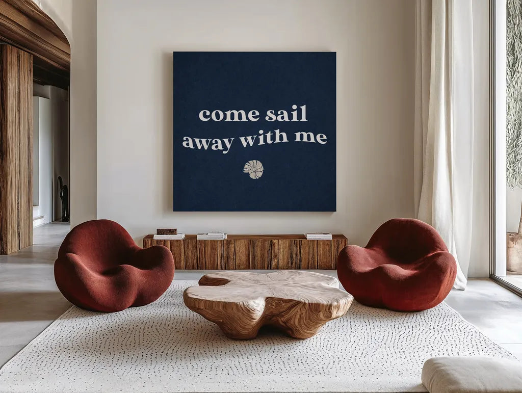 Wave Words II Navy Sq by Wild Apple Portfolio. Shown as extra-large giant wall art in a modern living room. Available as an archival giclee rolled canvas, fine art paper, or poster print. SKU 89044a.