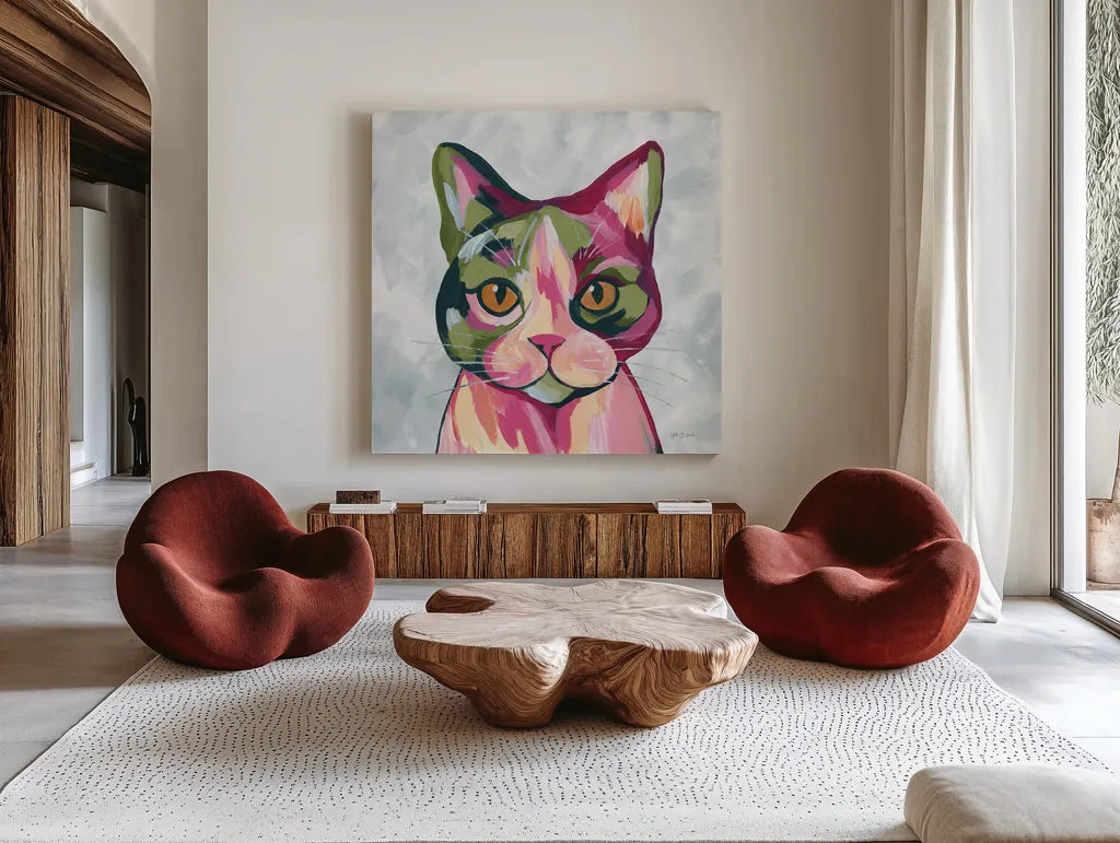Abstract Cat by Yvette St. Amant. Shown as extra-large giant wall art in a modern living room. Available as an archival giclee rolled canvas, fine art paper, or poster print. SKU 99750a.