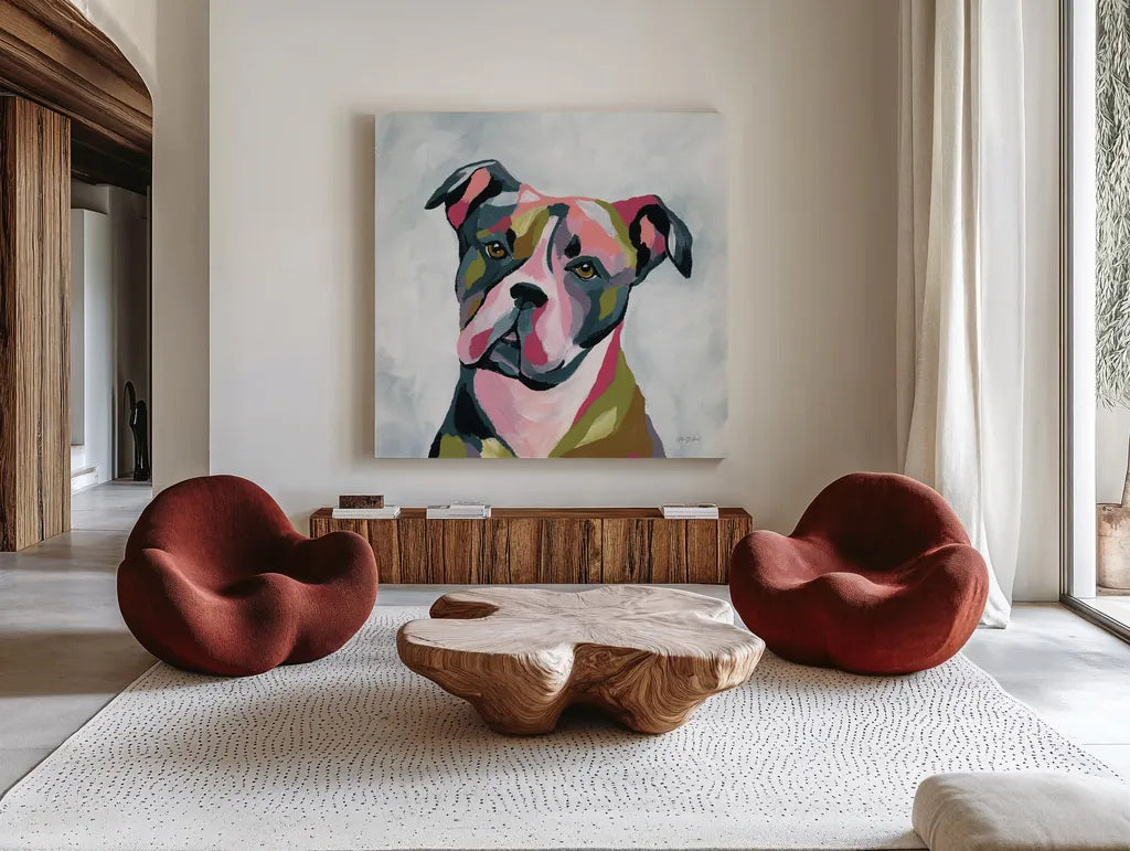 Abstract Pitbull by Yvette St. Amant. Shown as extra-large giant wall art in a modern living room. Available as an archival giclee rolled canvas, fine art paper, or poster print. SKU 89576a.