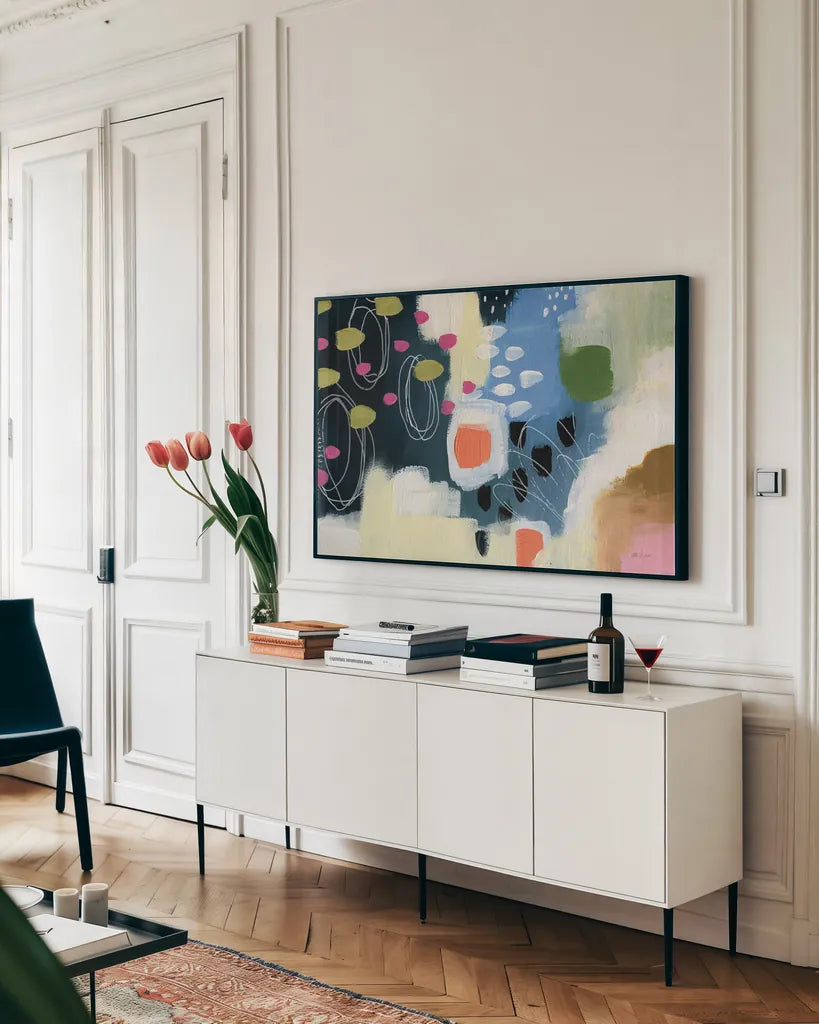 Abstract Spring by Yvette St. Amant. shown as a framed stretched canvas in a living room above a console. Available as a archival giclee rolled canvas, fine art paper, or poster print. SKU 89154i.