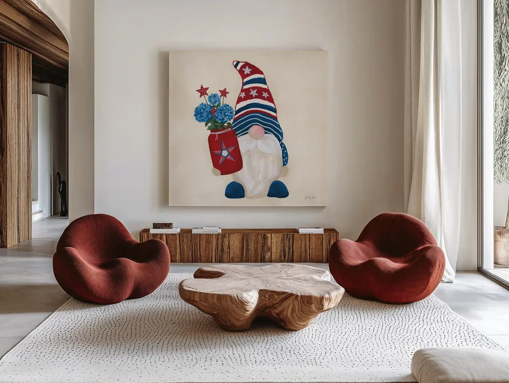 American Gnome III by Yvette St. Amant. Shown as extra-large giant wall art in a modern living room. Available as an archival giclee rolled canvas, fine art paper, or poster print. SKU 91831a.