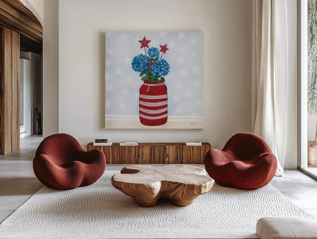 American Gnome VII by Yvette St. Amant. Shown as extra-large giant wall art in a modern living room. Available as an archival giclee rolled canvas, fine art paper, or poster print. SKU 91835a.