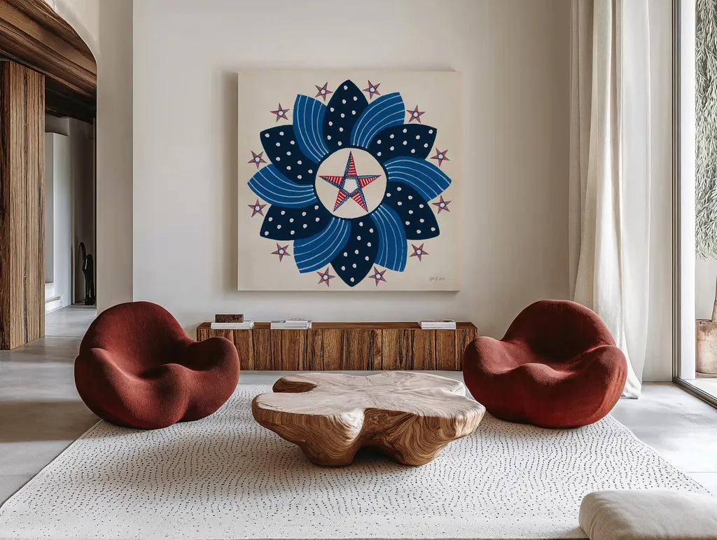 American Gnome XI by Yvette St. Amant. Shown as extra-large giant wall art in a modern living room. Available as an archival giclee rolled canvas, fine art paper, or poster print. SKU 91839a.