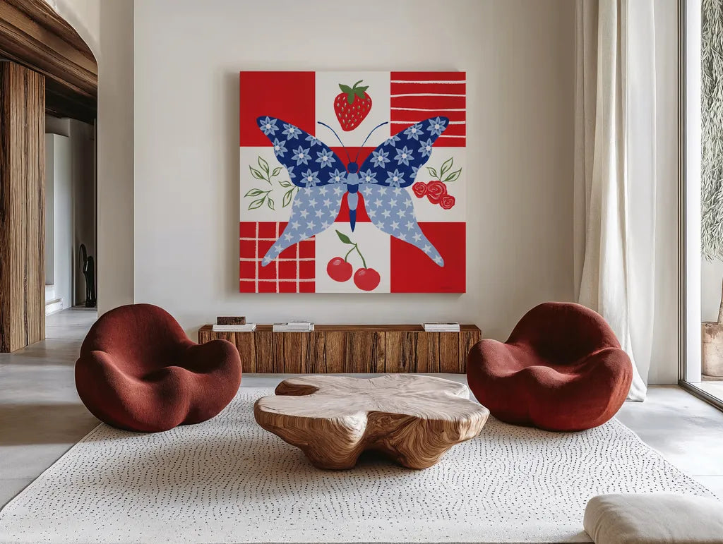 Berry Americana IV by Yvette St. Amant. Shown as extra-large giant wall art in a modern living room. Available as an archival giclee rolled canvas, fine art paper, or poster print. SKU 97653a.