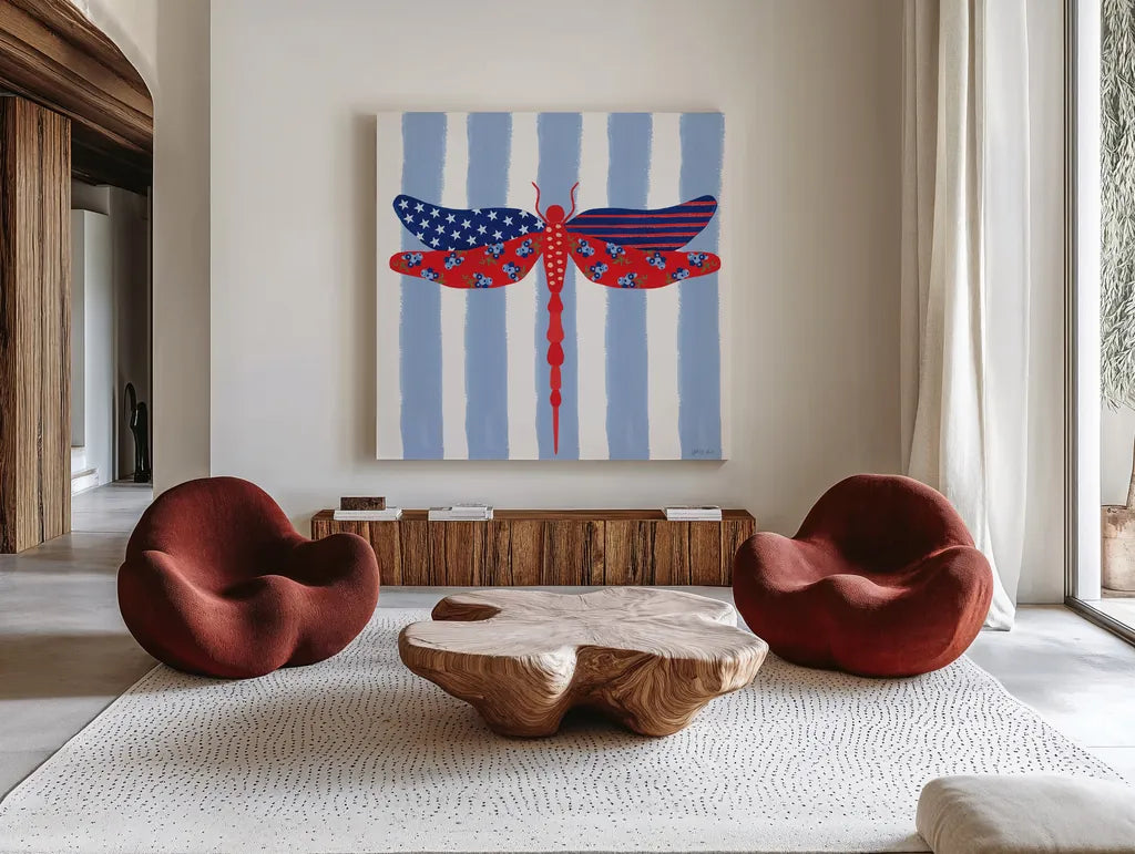 Berry Americana IX by Yvette St. Amant. Shown as extra-large giant wall art in a modern living room. Available as an archival giclee rolled canvas, fine art paper, or poster print. SKU 97658a.