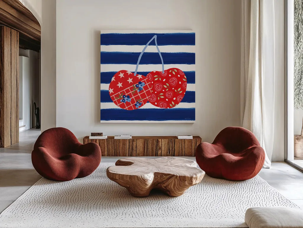 Berry Americana X by Yvette St. Amant. Shown as extra-large giant wall art in a modern living room. Available as an archival giclee rolled canvas, fine art paper, or poster print. SKU 97659a.