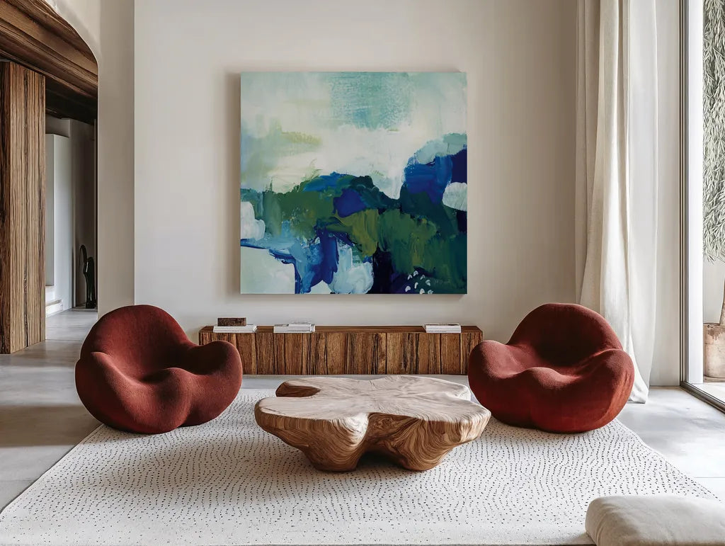 Blue Tide by Yvette St. Amant. Shown as extra-large giant wall art in a modern living room. Available as an archival giclee rolled canvas, fine art paper, or poster print. SKU 100267a.