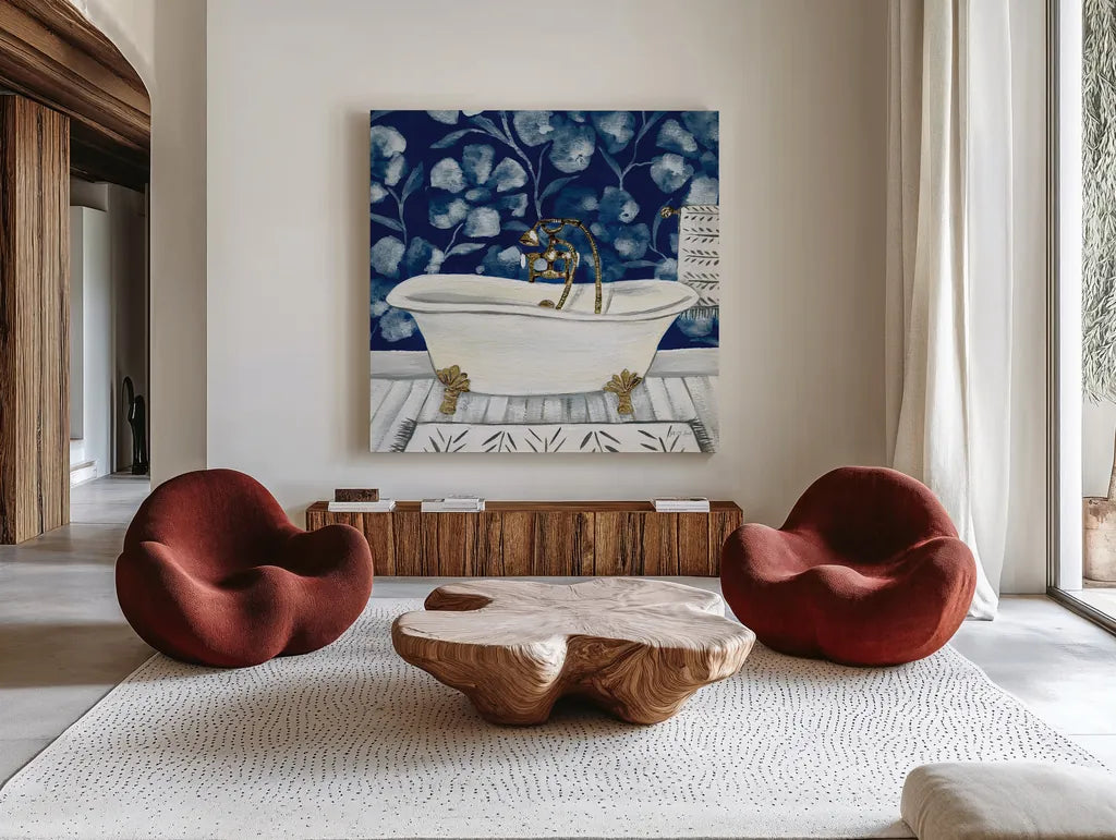 Bold Bathroom I Sq by Yvette St. Amant. Shown as extra-large giant wall art in a modern living room. Available as an archival giclee rolled canvas, fine art paper, or poster print. SKU 98753a.