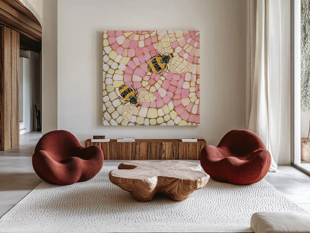 Botanical Mosaic III by Yvette St. Amant. Shown as extra-large giant wall art in a modern living room. Available as an archival giclee rolled canvas, fine art paper, or poster print. SKU 96217a.