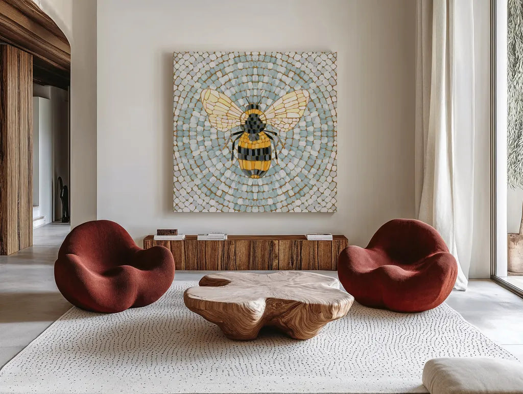 Botanical Mosaic V by Yvette St. Amant. Shown as extra-large giant wall art in a modern living room. Available as an archival giclee rolled canvas, fine art paper, or poster print. SKU 96219a.