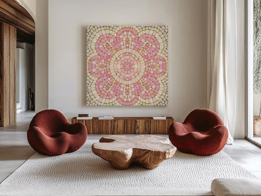 Botanical Mosaic VIII by Yvette St. Amant. Shown as extra-large giant wall art in a modern living room. Available as an archival giclee rolled canvas, fine art paper, or poster print. SKU 96222a.