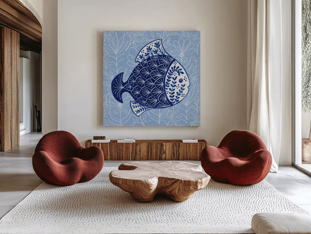 Coastal Chinoiserie III by Yvette St. Amant. Shown as extra-large giant wall art in a modern living room. Available as an archival giclee rolled canvas, fine art paper, or poster print. SKU 91024a.