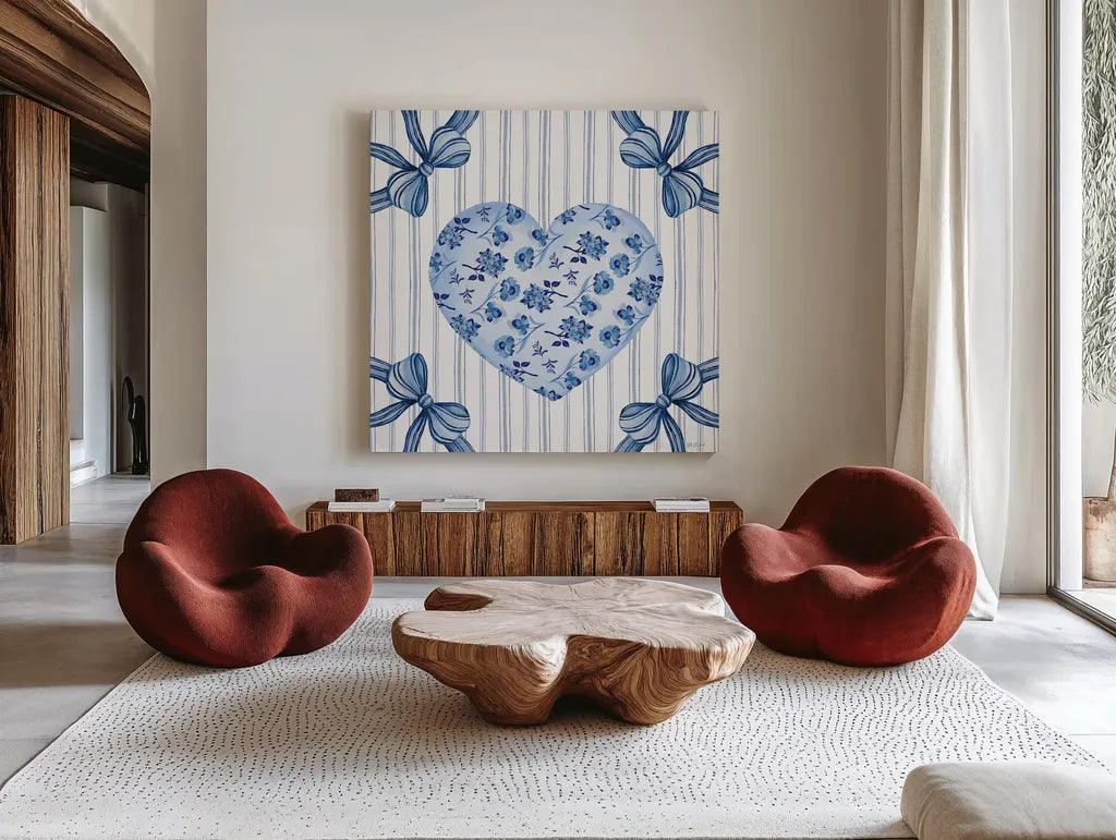 Coquette Valentine II by Yvette St. Amant. Shown as extra-large giant wall art in a modern living room. Available as an archival giclee rolled canvas, fine art paper, or poster print. SKU 101785a.