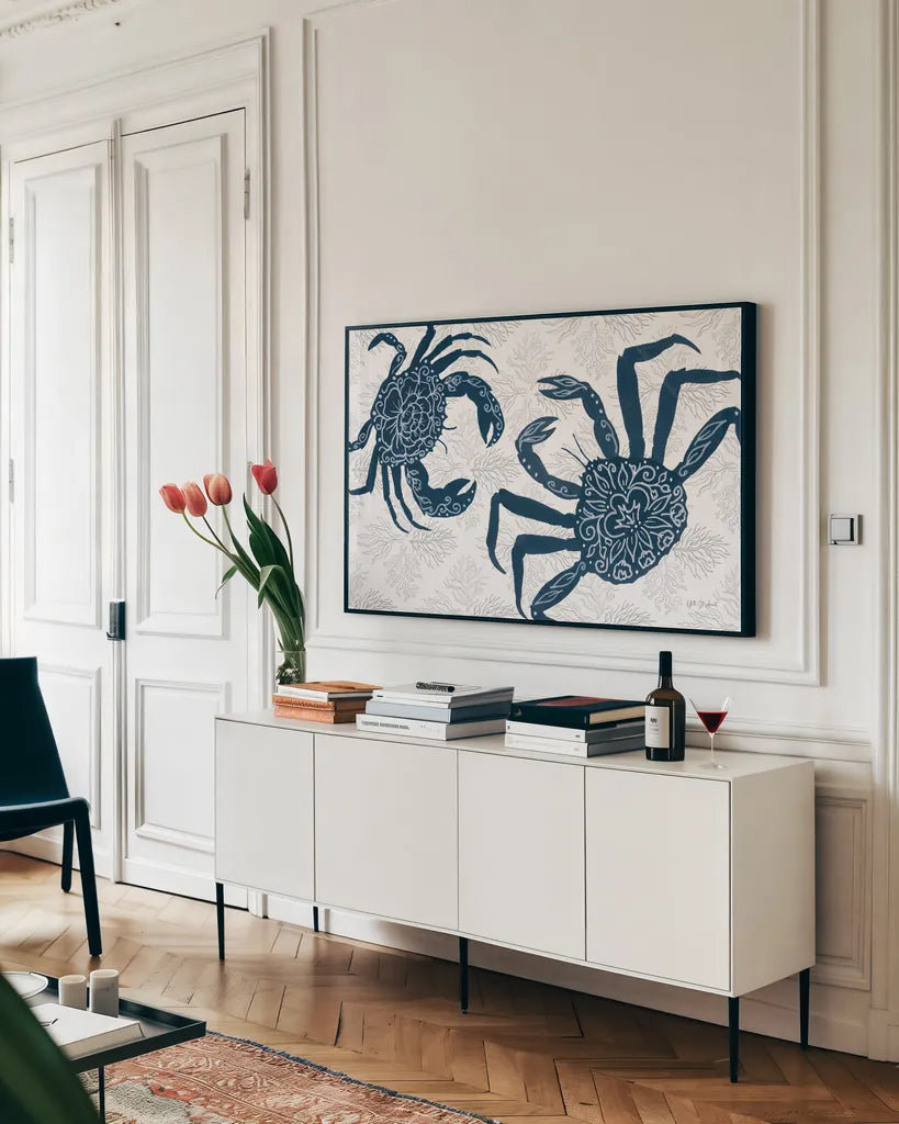 Delicate Coastline II by Yvette St. Amant. shown as a framed stretched canvas in a living room above a console. Available as a archival giclee rolled canvas, fine art paper, or poster print. SKU 92292i.