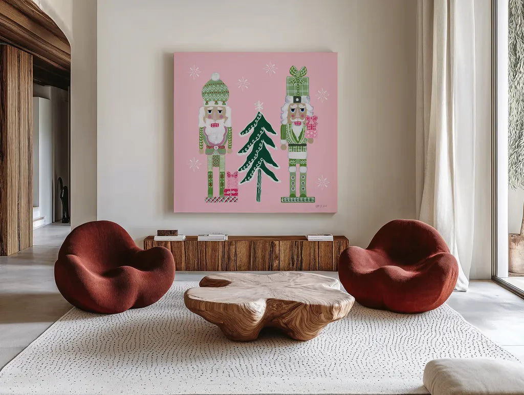 Dreamland Nutcrackers III by Yvette St. Amant. Shown as extra-large giant wall art in a modern living room. Available as an archival giclee rolled canvas, fine art paper, or poster print. SKU 95775a.