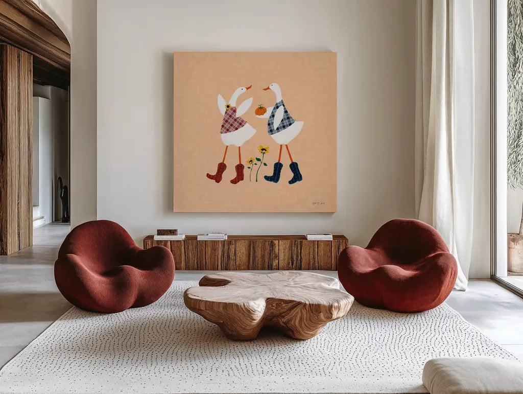 Ducks in the Pumpkin Patch V by Yvette St. Amant. Shown as extra-large giant wall art in a modern living room. Available as an archival giclee rolled canvas, fine art paper, or poster print. SKU 97328a.