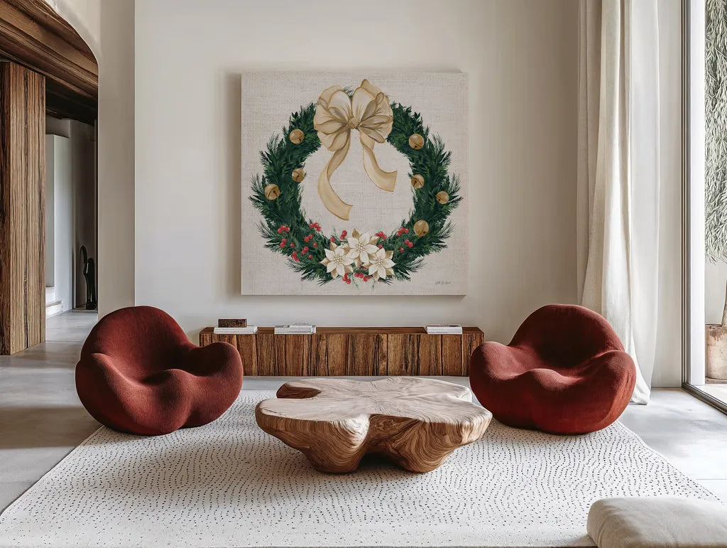Evergreen Christmas IV by Yvette St. Amant. Shown as extra-large giant wall art in a modern living room. Available as an archival giclee rolled canvas, fine art paper, or poster print. SKU 96558a.