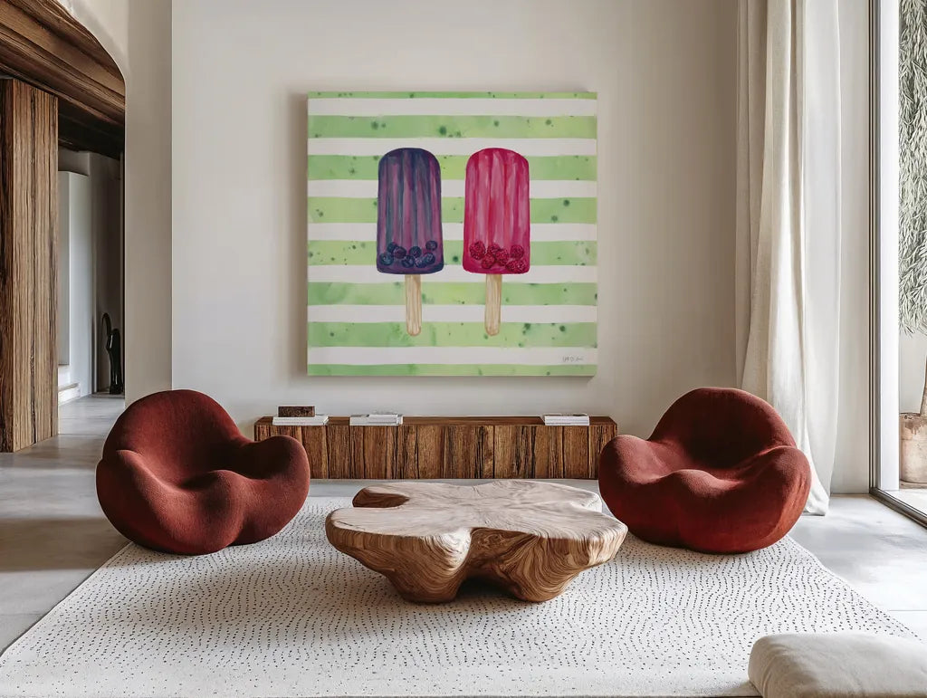 Fruity Popsicles XI by Yvette St. Amant. Shown as extra-large giant wall art in a modern living room. Available as an archival giclee rolled canvas, fine art paper, or poster print. SKU 93518a.