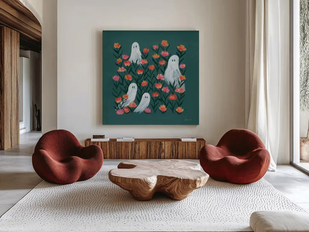 Ghosts in the Flower Patch by Yvette St. Amant. Shown as extra-large giant wall art in a modern living room. Available as an archival giclee rolled canvas, fine art paper, or poster print. SKU 101161a.