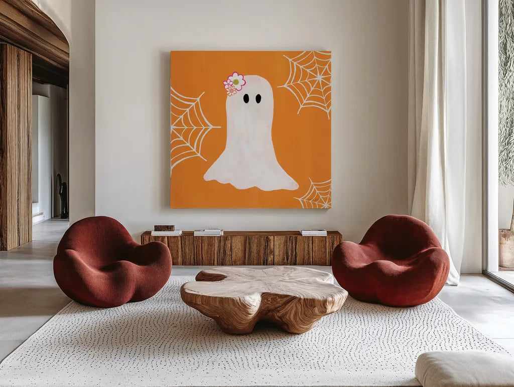 Hallo-Retro III by Yvette St. Amant. Shown as extra-large giant wall art in a modern living room. Available as an archival giclee rolled canvas, fine art paper, or poster print. SKU 99817a.