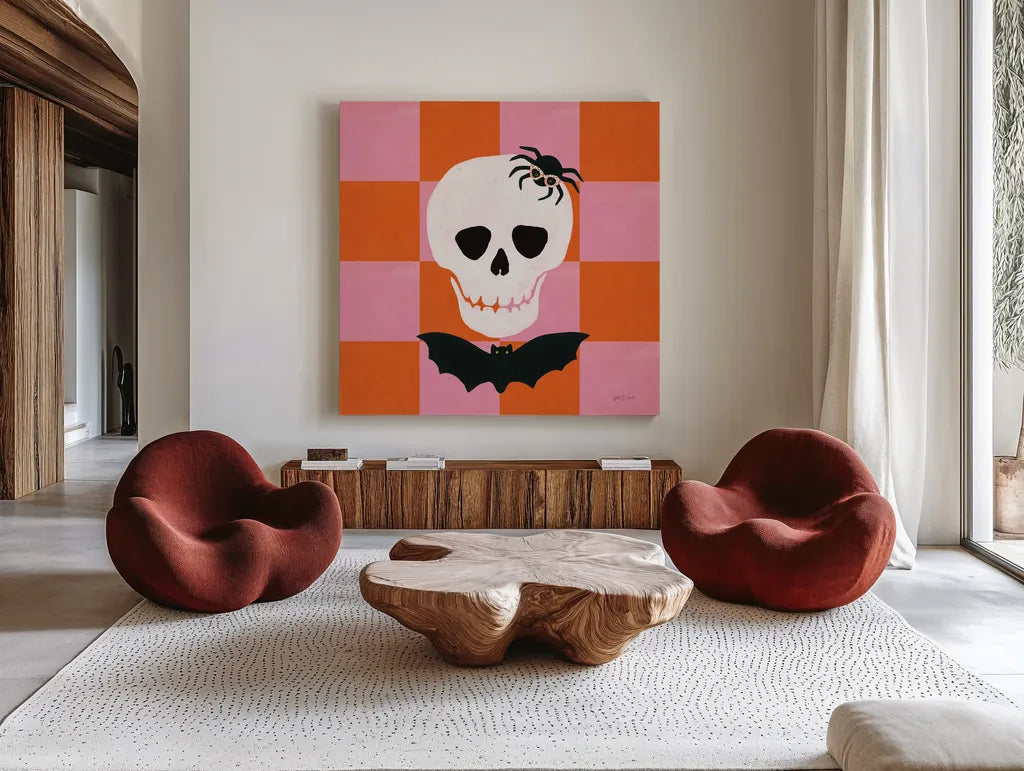 Hallo-Retro VI by Yvette St. Amant. Shown as extra-large giant wall art in a modern living room. Available as an archival giclee rolled canvas, fine art paper, or poster print. SKU 99820a.
