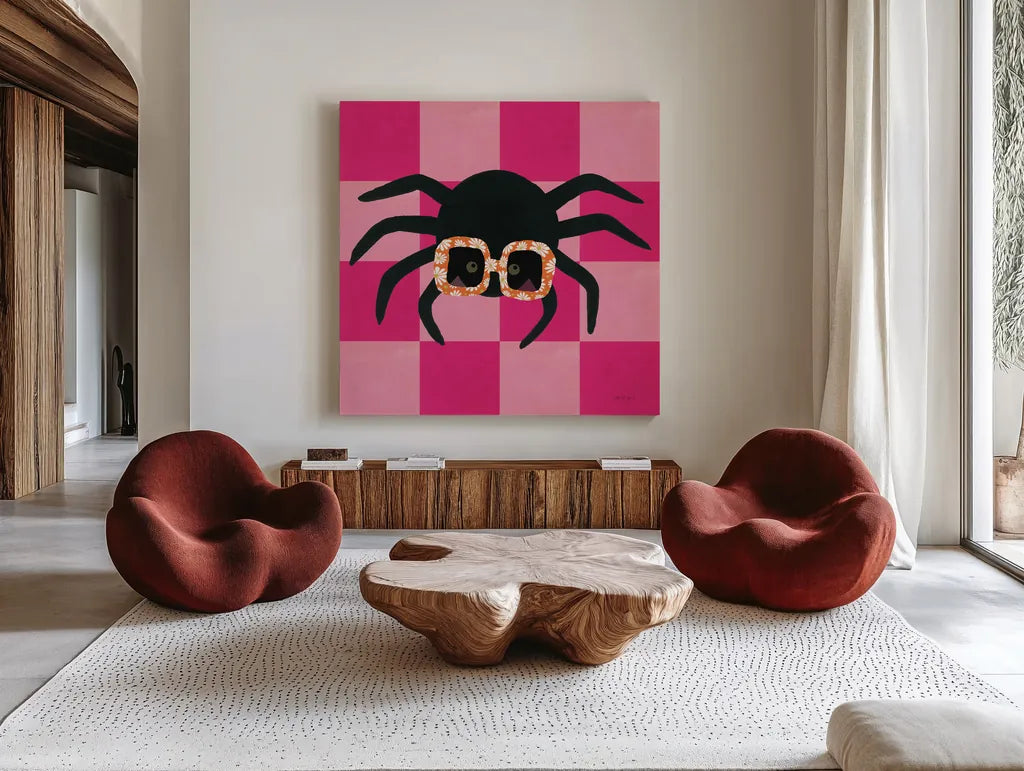 Hallo-Retro VII by Yvette St. Amant. Shown as extra-large giant wall art in a modern living room. Available as an archival giclee rolled canvas, fine art paper, or poster print. SKU 99821a.