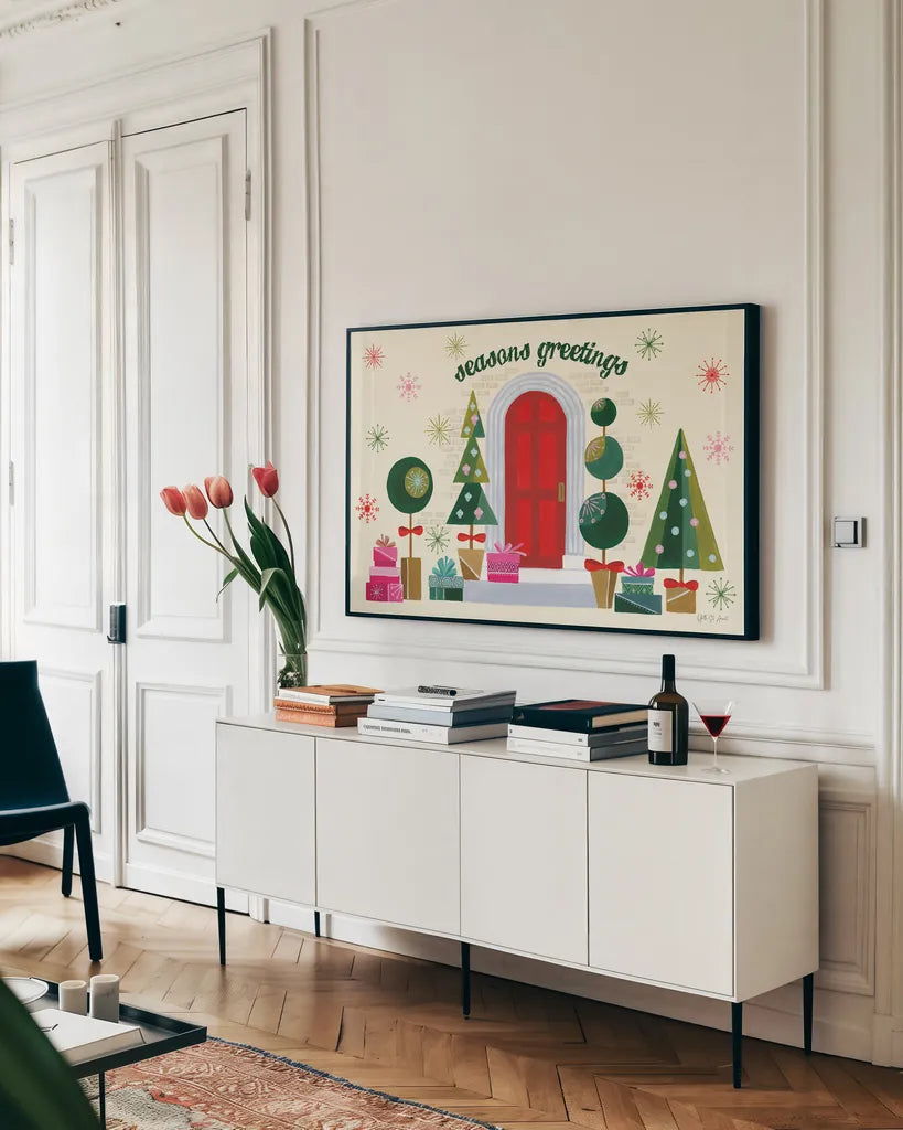 Home for the Holidays I by Yvette St. Amant. shown as a framed stretched canvas in a living room above a console. Available as a archival giclee rolled canvas, fine art paper, or poster print. SKU 95351i.