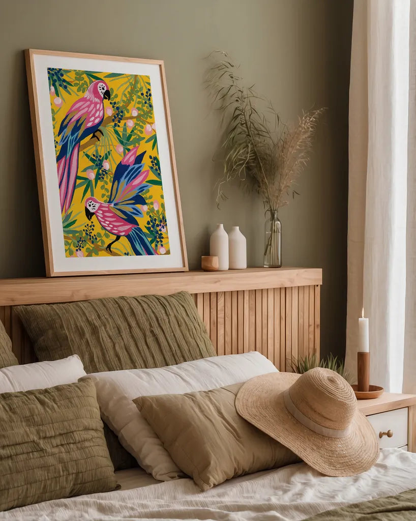 Maximalist Parrots by Yvette St. Amant. shown as a paper print in a natural frame. Available as a archival giclee rolled canvas, fine art paper, or poster print. SKU 89306h.