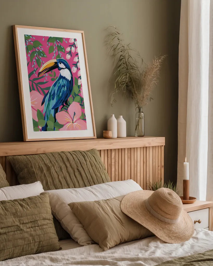 Maximalist Toucan by Yvette St. Amant. shown as a paper print in a natural frame. Available as a archival giclee rolled canvas, fine art paper, or poster print. SKU 89308h.