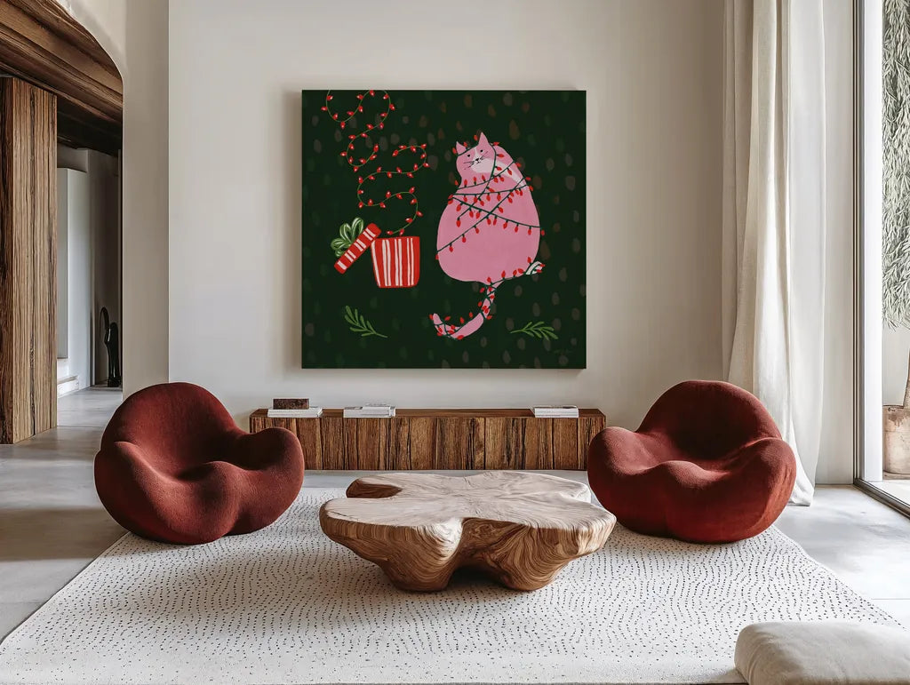 Mischief Kitty Christmas III by Yvette St. Amant. Shown as extra-large giant wall art in a modern living room. Available as an archival giclee rolled canvas, fine art paper, or poster print. SKU 97542a.