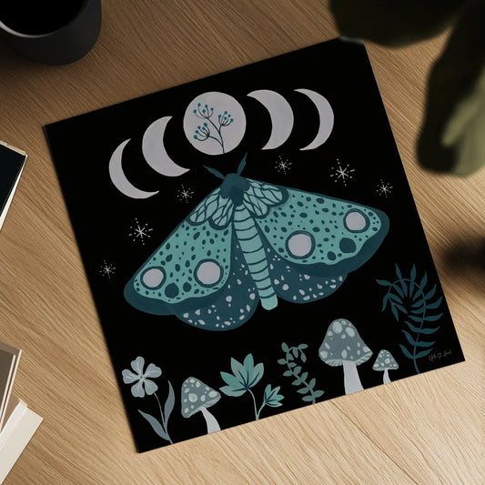 Moon Moth III by Yvette St. Amant. Shown as a detailed flat fine art print, highlighting archival giclee quality. Available as an archival giclee rolled canvas, fine art paper, or poster print. SKU 101204a.