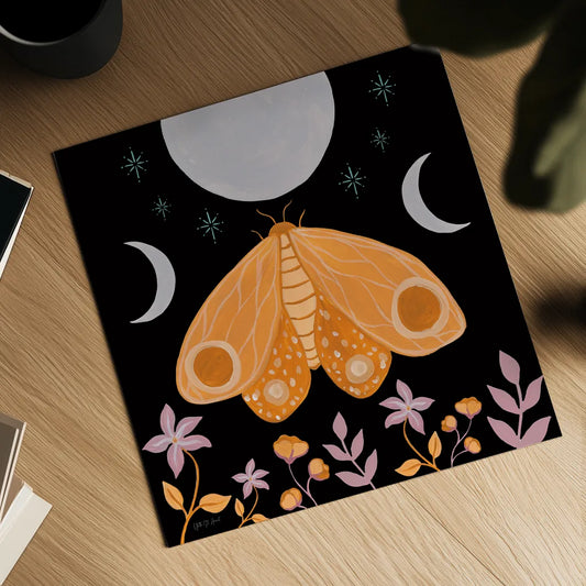 Moon Moth V by Yvette St. Amant. Shown as a detailed flat fine art print, highlighting archival giclee quality. Available as an archival giclee rolled canvas, fine art paper, or poster print. SKU 101206a.