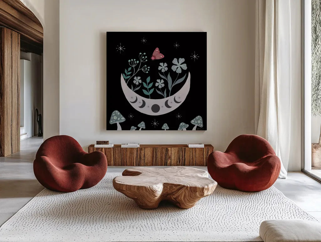 Moon Moth VII by Yvette St. Amant. Shown as extra-large giant wall art in a modern living room. Available as an archival giclee rolled canvas, fine art paper, or poster print. SKU 101208a.