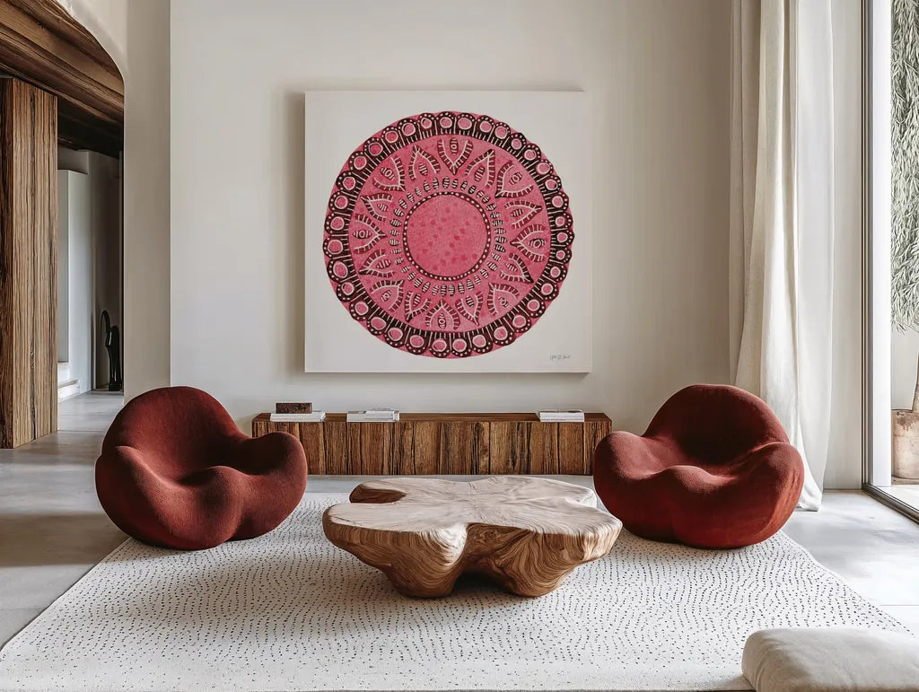Pink Mandala by Yvette St. Amant. Shown as extra-large giant wall art in a modern living room. Available as an archival giclee rolled canvas, fine art paper, or poster print. SKU 88260a.