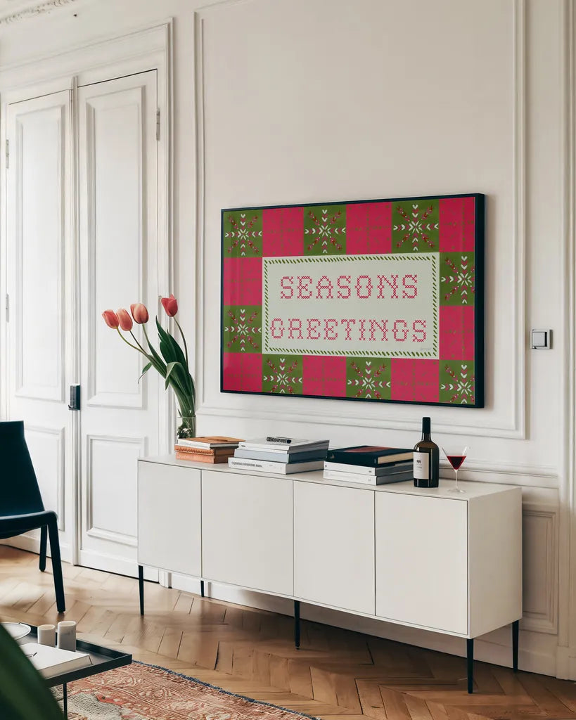 Quilted Christmas II by Yvette St. Amant. shown as a framed stretched canvas in a living room above a console. Available as a archival giclee rolled canvas, fine art paper, or poster print. SKU 102825i.