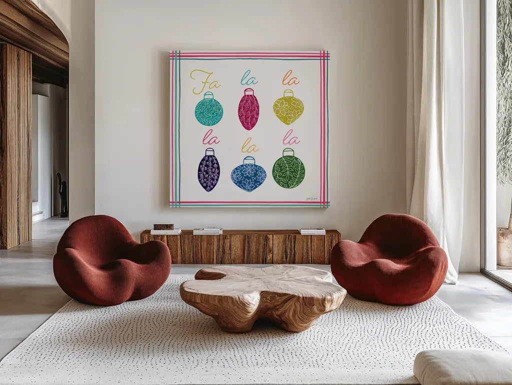 Singing Ornaments by Yvette St. Amant. Shown as extra-large giant wall art in a modern living room. Available as an archival giclee rolled canvas, fine art paper, or poster print. SKU 94139a.