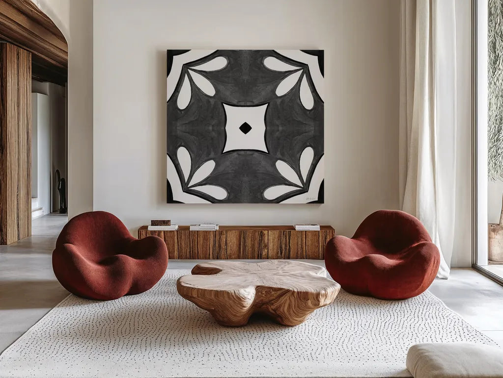 Southwest Tile II BW by Yvette St. Amant. Shown as extra-large giant wall art in a modern living room. Available as an archival giclee rolled canvas, fine art paper, or poster print. SKU 95164a.