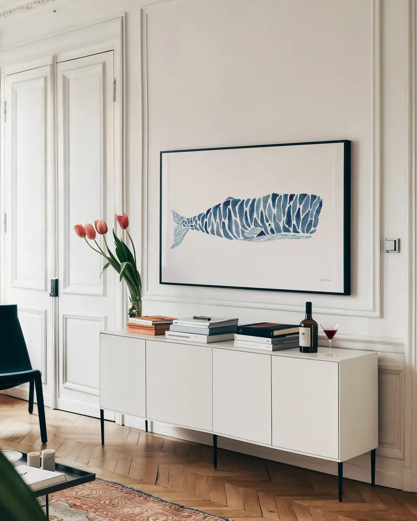 Sperm Whale by Yvette St. Amant. shown as a framed stretched canvas in a living room above a console. Available as a archival giclee rolled canvas, fine art paper, or poster print. SKU 90116i.
