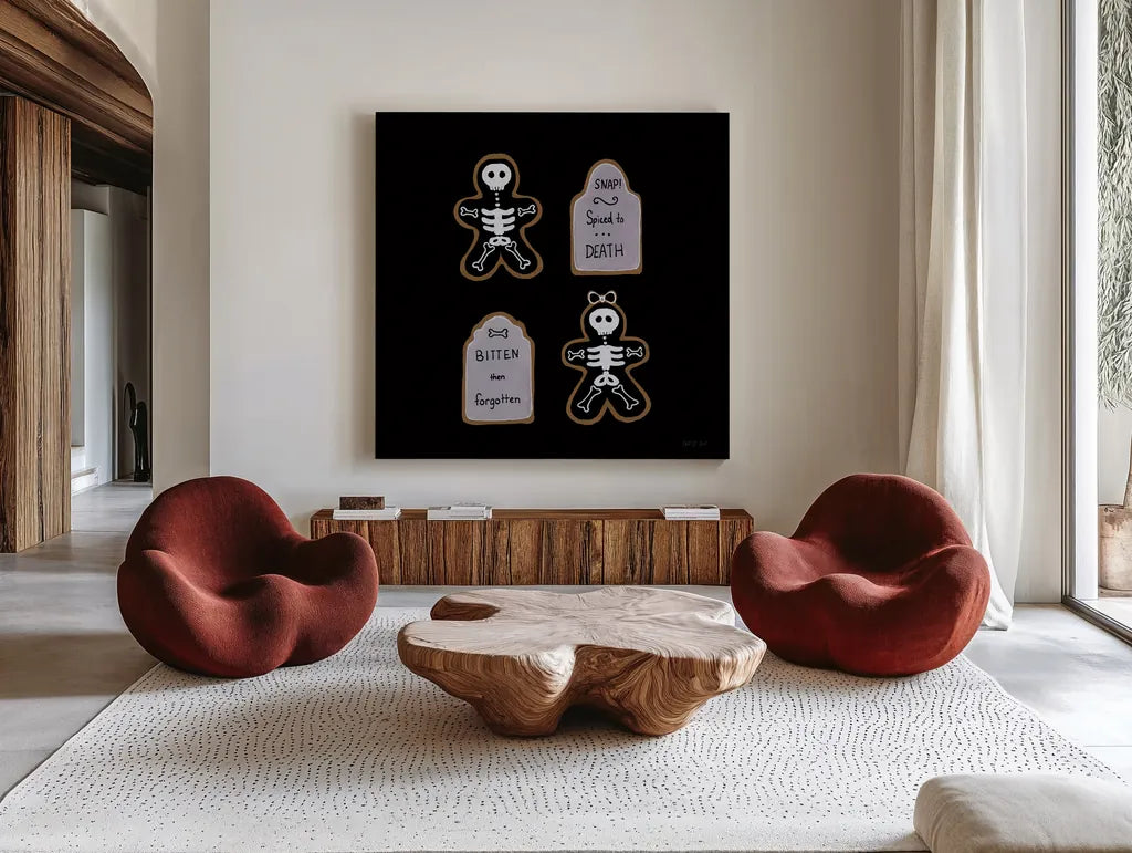Spooky Gingerbread Manor VII by Yvette St. Amant. Shown as extra-large giant wall art in a modern living room. Available as an archival giclee rolled canvas, fine art paper, or poster print. SKU 101115a.