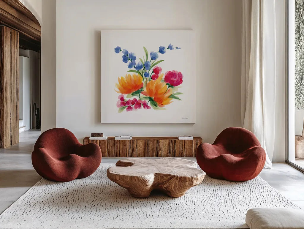 Spring is Blooming IV by Yvette St. Amant. Shown as extra-large giant wall art in a modern living room. Available as an archival giclee rolled canvas, fine art paper, or poster print. SKU 99129a.