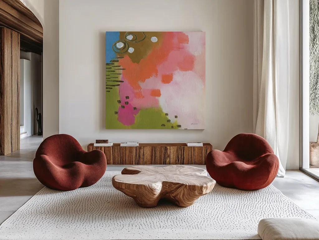 Summer Impressions III by Yvette St. Amant. Shown as extra-large giant wall art in a modern living room. Available as an archival giclee rolled canvas, fine art paper, or poster print. SKU 92755a.