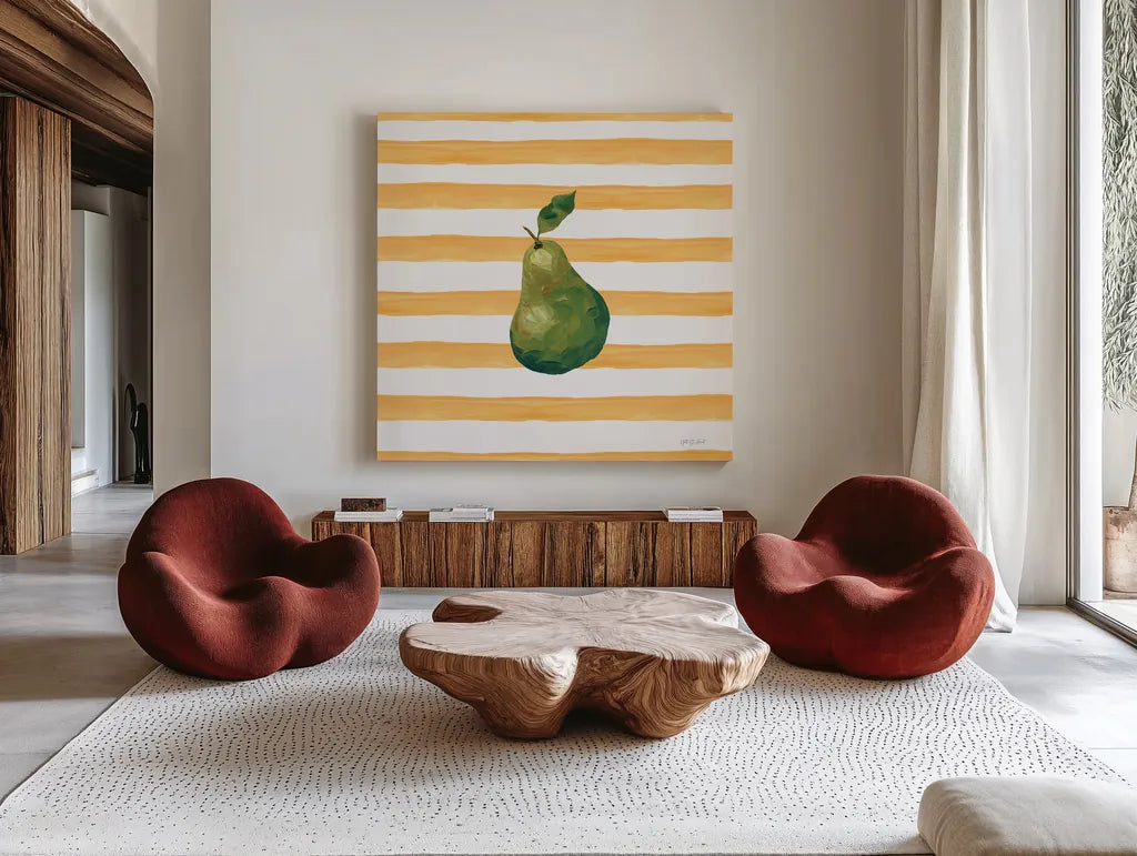 Summer in Stripes IV by Yvette St. Amant. Shown as extra-large giant wall art in a modern living room. Available as an archival giclee rolled canvas, fine art paper, or poster print. SKU 96192a.