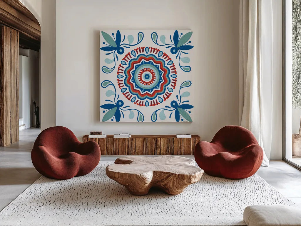 Tex Mex Mandala Tile III by Yvette St. Amant. Shown as extra-large giant wall art in a modern living room. Available as an archival giclee rolled canvas, fine art paper, or poster print. SKU 101169a.