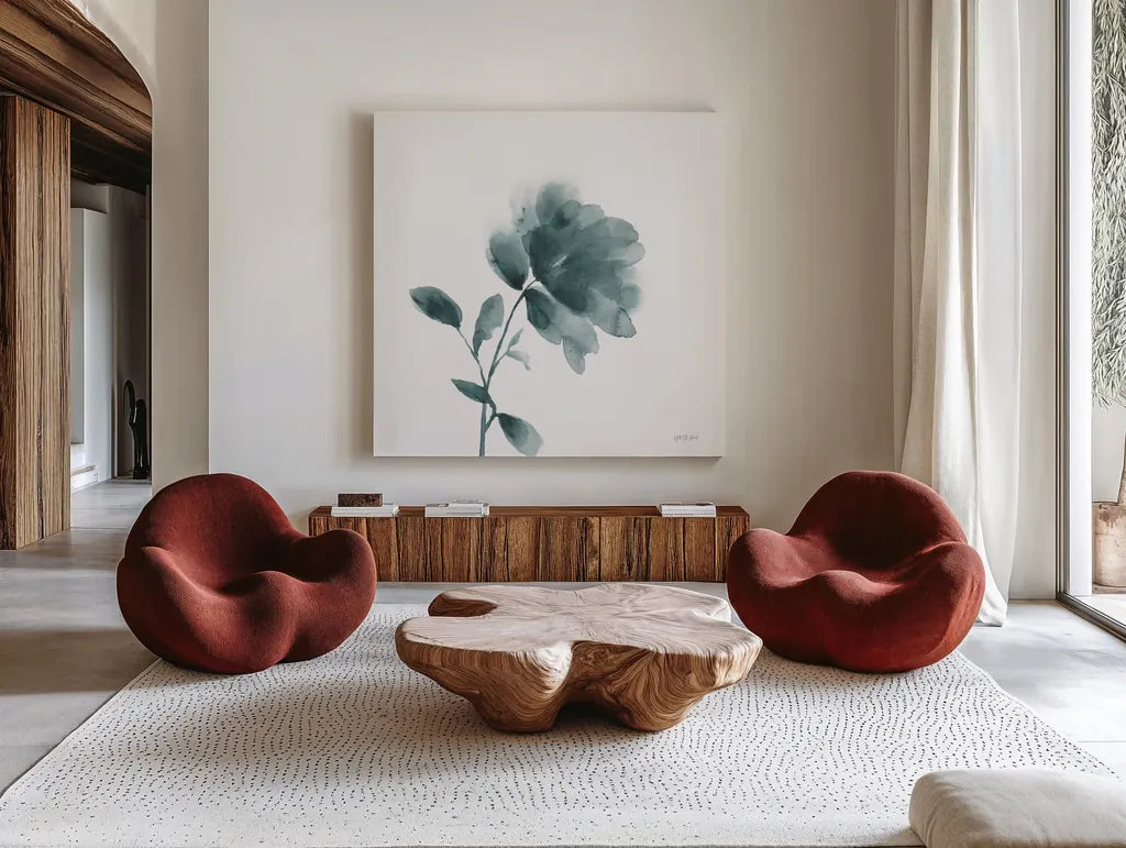 Tranquil Blossom II by Yvette St. Amant. Shown as extra-large giant wall art in a modern living room. Available as an archival giclee rolled canvas, fine art paper, or poster print. SKU 88196a.