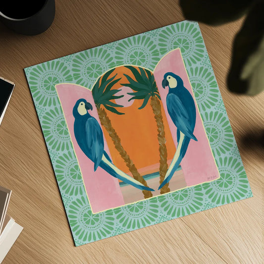 Tropical Birds III by Yvette St. Amant. Shown as a detailed flat fine art print, highlighting archival giclee quality. Available as an archival giclee rolled canvas, fine art paper, or poster print. SKU 98389a.