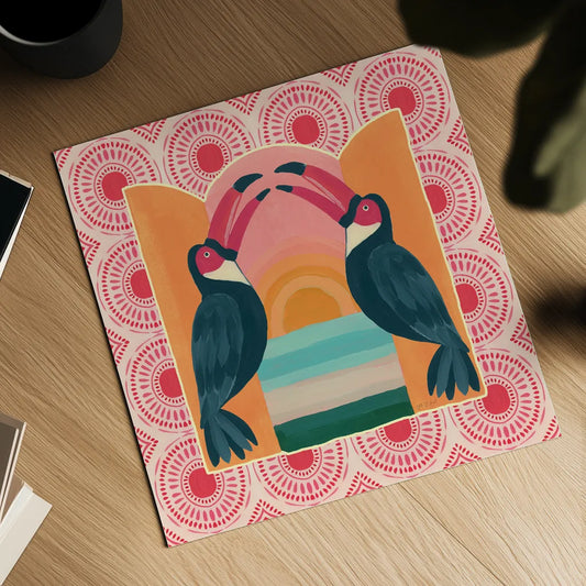 Tropical Birds IV by Yvette St. Amant. Shown as a detailed flat fine art print, highlighting archival giclee quality. Available as an archival giclee rolled canvas, fine art paper, or poster print. SKU 98390a.