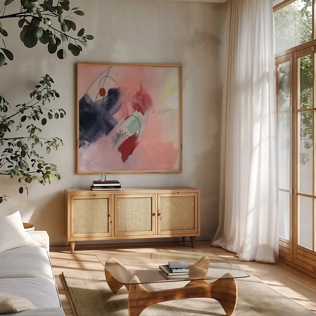 Weekend Retreat I by Yvette St. Amant. Shown in a natural wood frame in a cozy modern living room. Available as an archival giclee rolled canvas, fine art paper, or poster print. SKU 102297a.